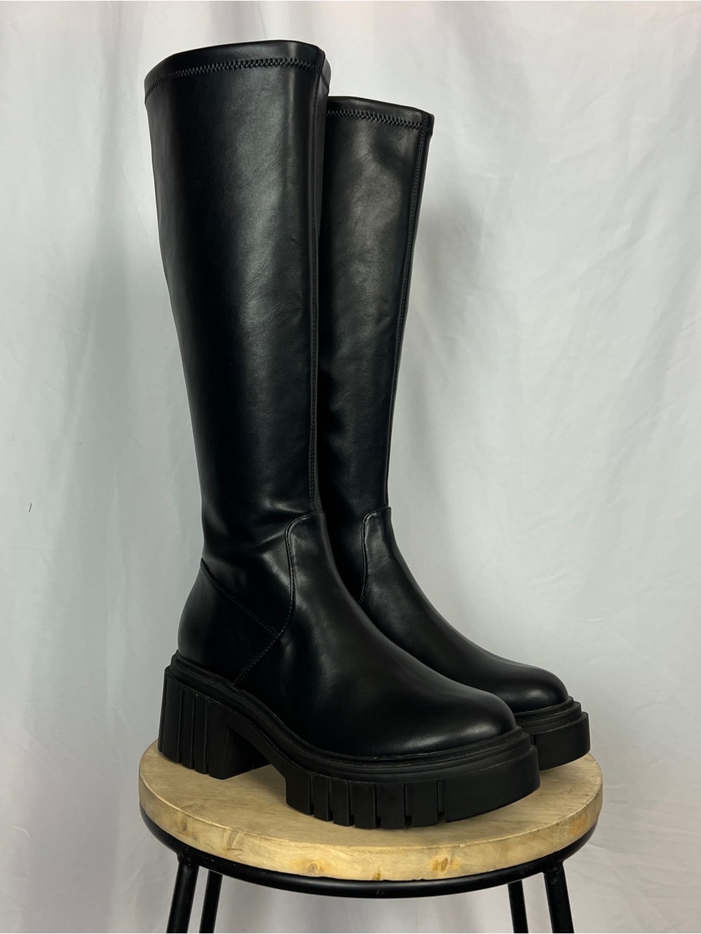 Black Faux Leather Kennedy Lug Sole Platform Boots
